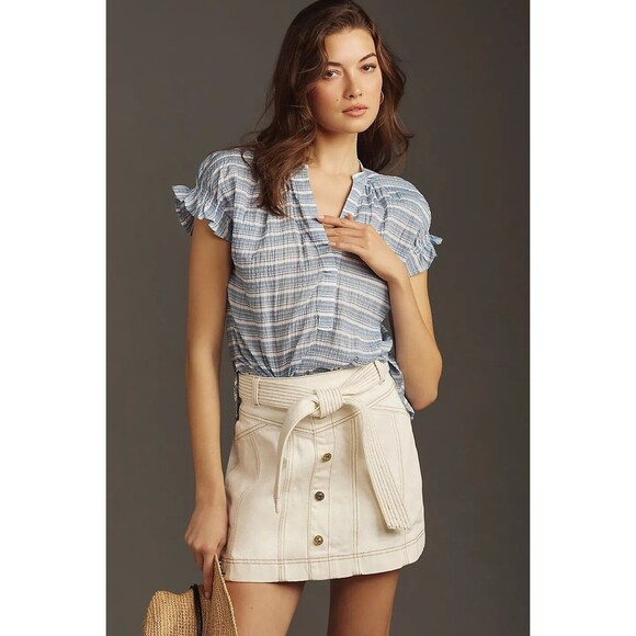 Pilcro Anthropologie The Tatum Flutter-Sleeve Blouse Shirt Top Striped S 277864 - Picture 5 of 12